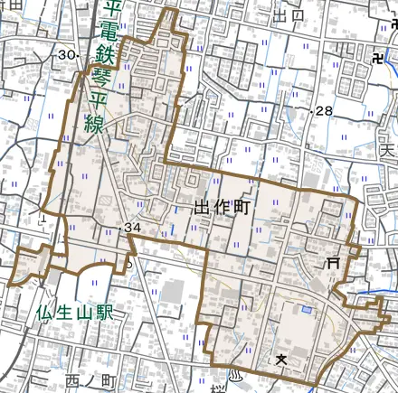 出作町とその周辺の地図。町の範囲を重ねている