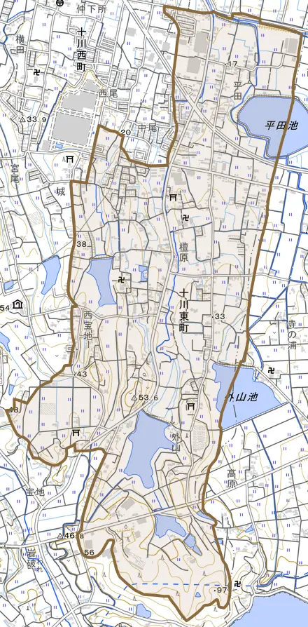 十川東町とその周辺の地図。町の範囲を重ねている