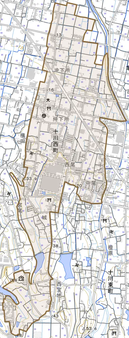 十川西町とその周辺の地図。町の範囲を重ねている