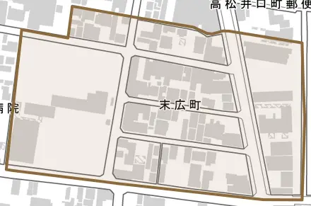 末広町とその周辺の地図。町の範囲を重ねている