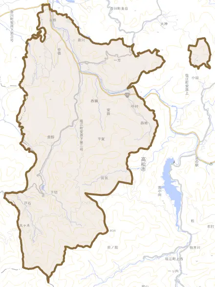 塩江町安原下とその周辺の地図。町の範囲を重ねている