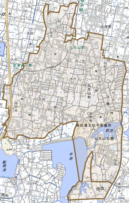 仏生山町とその周辺の地図。町の範囲を重ねている