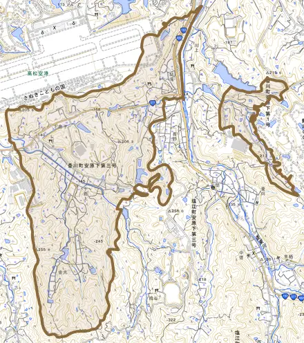 香川町安原下とその周辺の地図。町の範囲を重ねている
