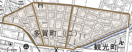 多賀町とその周辺の地図。町の範囲を重ねている