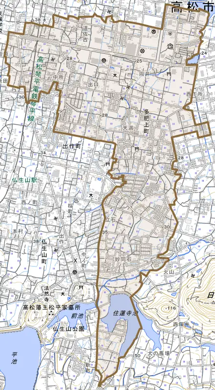 多肥上町とその周辺の地図。町の範囲を重ねている