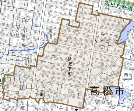 多肥下町とその周辺の地図。町の範囲を重ねている