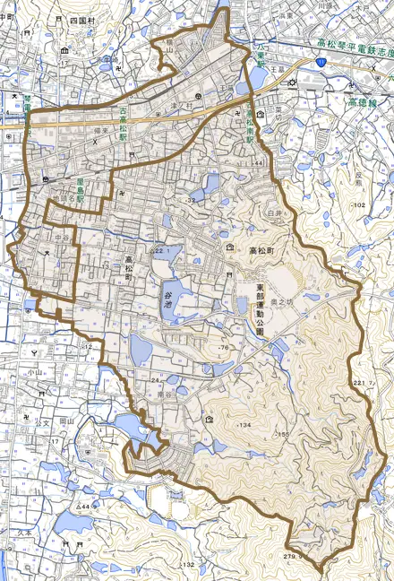 高松町とその周辺の地図。町の範囲を重ねている