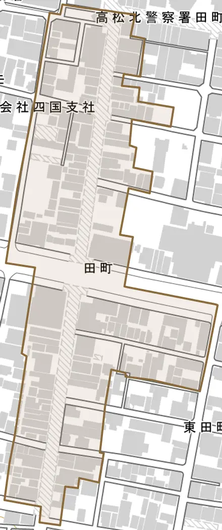 田町とその周辺の地図。町の範囲を重ねている