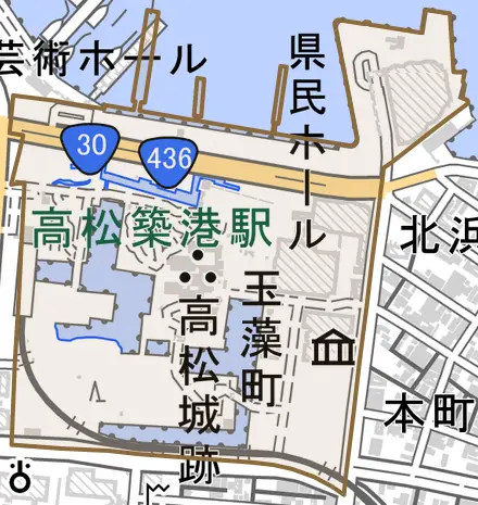 玉藻町とその周辺の地図。町の範囲を重ねている