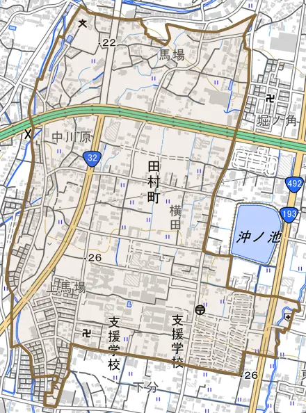 田村町とその周辺の地図。町の範囲を重ねている