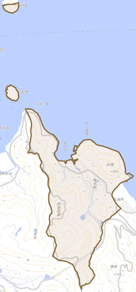 亀水町とその周辺の地図。町の範囲を重ねている