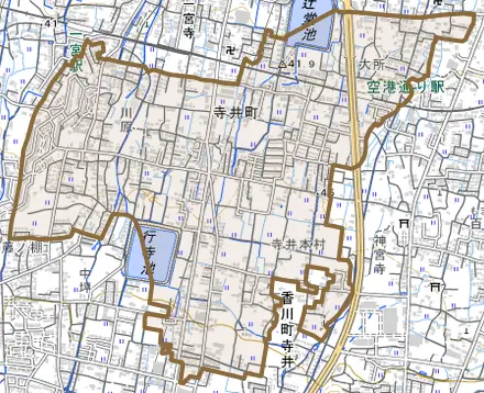寺井町とその周辺の地図。町の範囲を重ねている