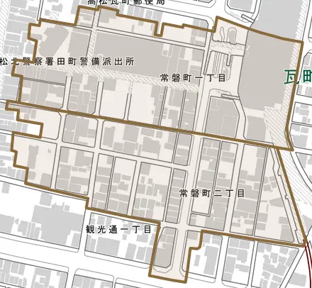 常磐町とその周辺の地図。町の範囲を重ねている
