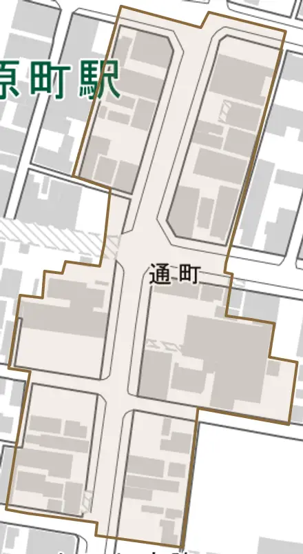 通町とその周辺の地図。町の範囲を重ねている
