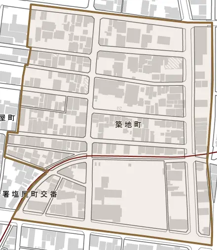 築地町とその周辺の地図。町の範囲を重ねている