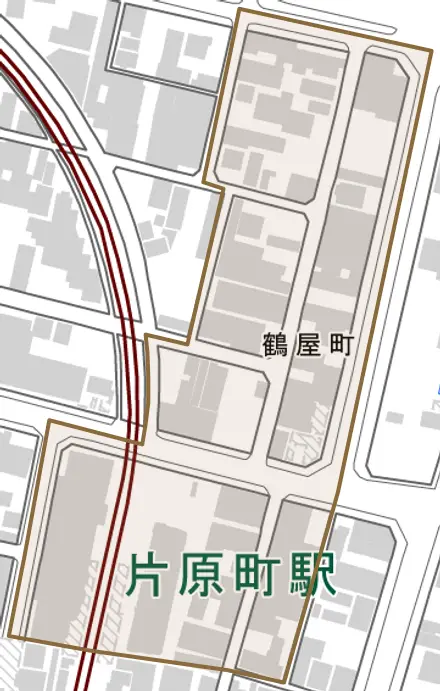 鶴屋町とその周辺の地図。町の範囲を重ねている