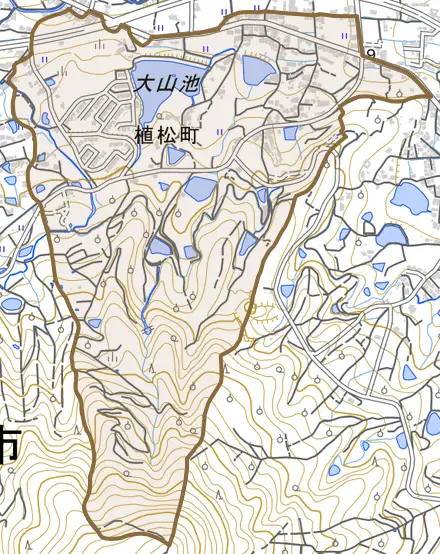 植松町とその周辺の地図。町の範囲を重ねている