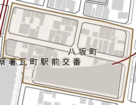 八坂町とその周辺の地図。町の範囲を重ねている