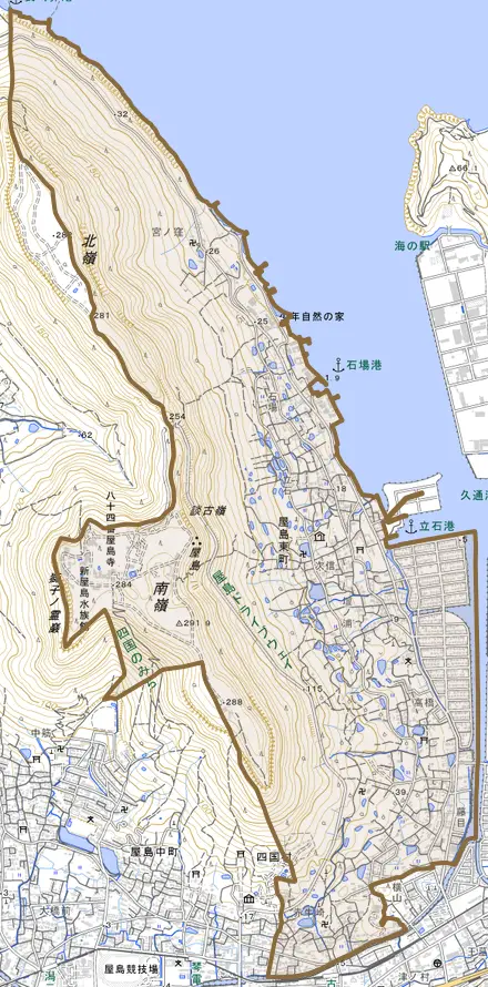 屋島東町とその周辺の地図。町の範囲を重ねている