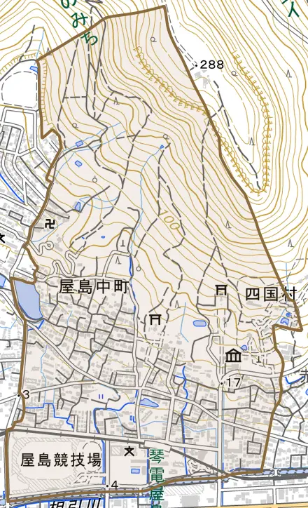 屋島中町とその周辺の地図。町の範囲を重ねている