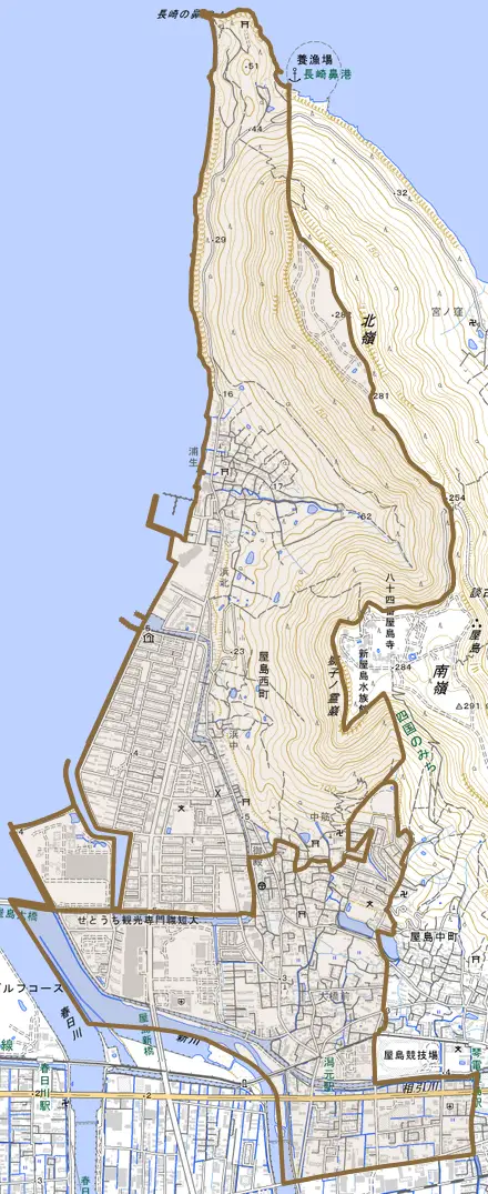 屋島西町とその周辺の地図。町の範囲を重ねている