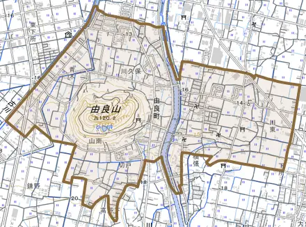 由良町とその周辺の地図。町の範囲を重ねている
