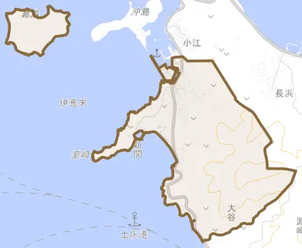 伊喜末とその周辺の地図。町の範囲を重ねている