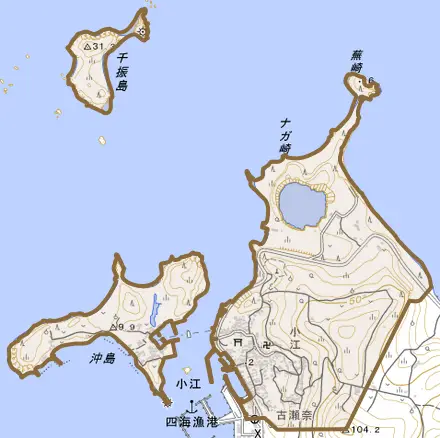 小江とその周辺の地図。町の範囲を重ねている