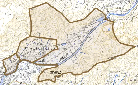 上庄とその周辺の地図。町の範囲を重ねている