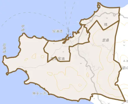 豊島家浦とその周辺の地図。町の範囲を重ねている