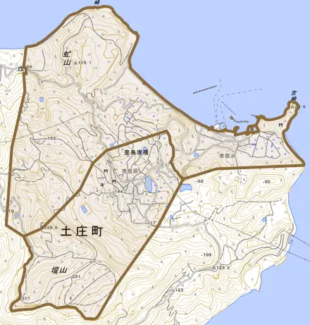 豊島唐櫃とその周辺の地図。町の範囲を重ねている
