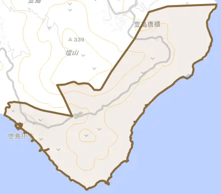 豊島甲生とその周辺の地図。町の範囲を重ねている