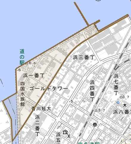 浜一番丁とその周辺の地図。町の範囲を重ねている