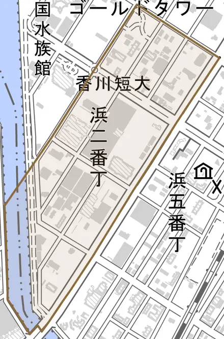 浜二番丁とその周辺の地図。町の範囲を重ねている