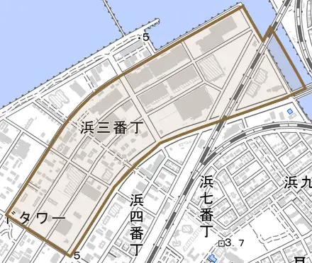 浜三番丁とその周辺の地図。町の範囲を重ねている