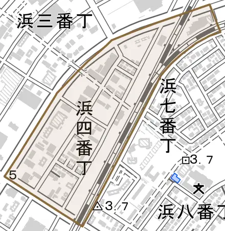 浜四番丁とその周辺の地図。町の範囲を重ねている