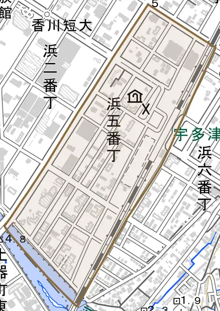 浜五番丁とその周辺の地図。町の範囲を重ねている