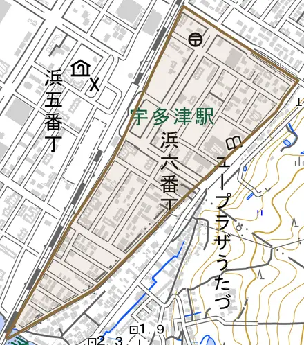 浜六番丁とその周辺の地図。町の範囲を重ねている