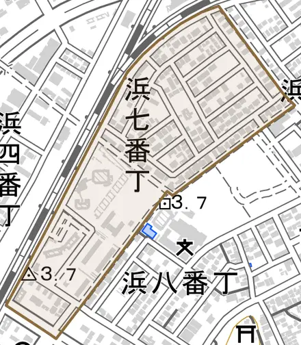 浜七番丁とその周辺の地図。町の範囲を重ねている