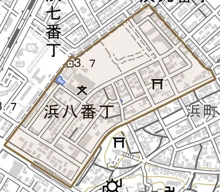 浜八番丁とその周辺の地図。町の範囲を重ねている