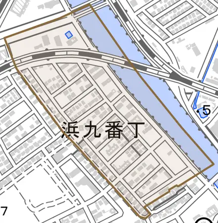 浜九番丁とその周辺の地図。町の範囲を重ねている