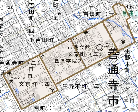 文京町とその周辺の地図。町の範囲を重ねている