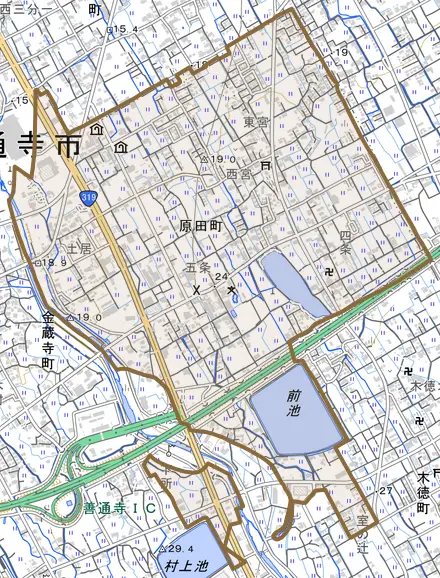 原田町とその周辺の地図。町の範囲を重ねている