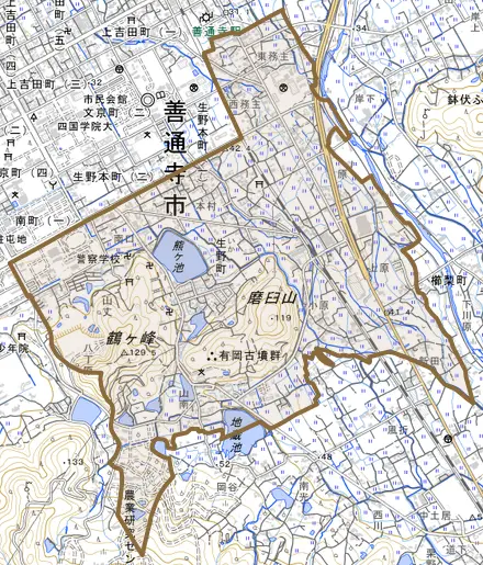 生野町とその周辺の地図。町の範囲を重ねている