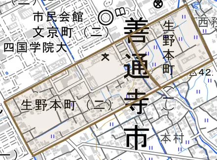 生野本町とその周辺の地図。町の範囲を重ねている