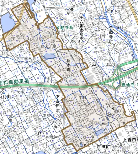 稲木町とその周辺の地図。町の範囲を重ねている