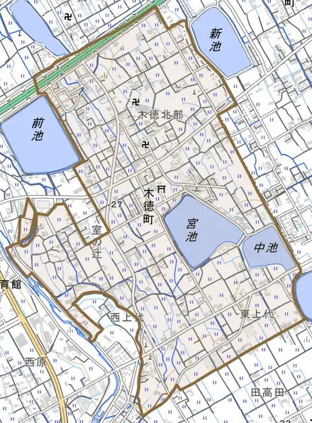 木徳町とその周辺の地図。町の範囲を重ねている