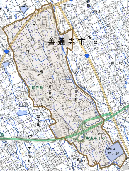 金蔵寺町とその周辺の地図。町の範囲を重ねている