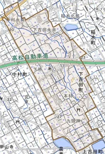下吉田町とその周辺の地図。町の範囲を重ねている