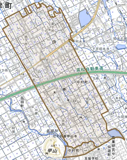 中村町とその周辺の地図。町の範囲を重ねている